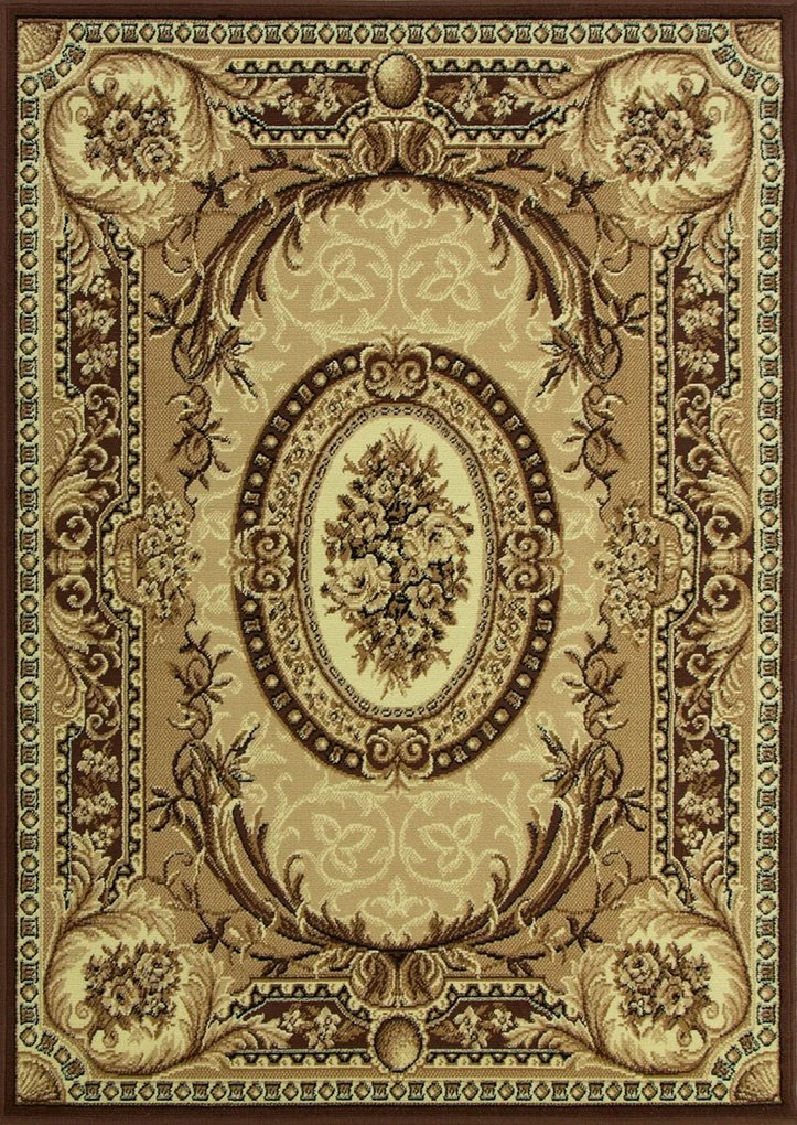 Hagyományos Olcsó Szőnyeg Nappaliba Bézs Barna Rozetta Arany 50x70 cm