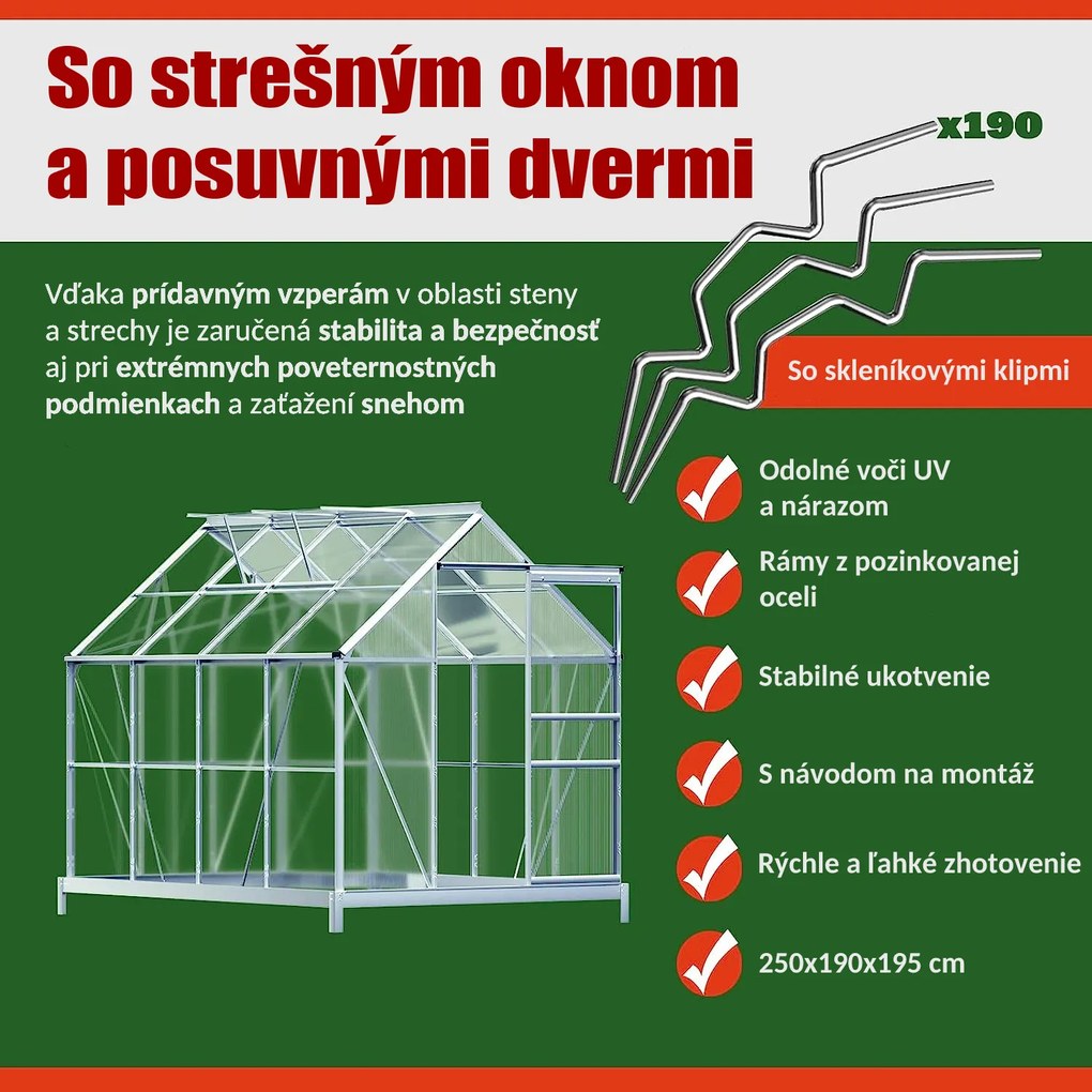 Gardebruk M4 polikarbonát kerti üvegház alappal, 250x190x195cm, átlátszó