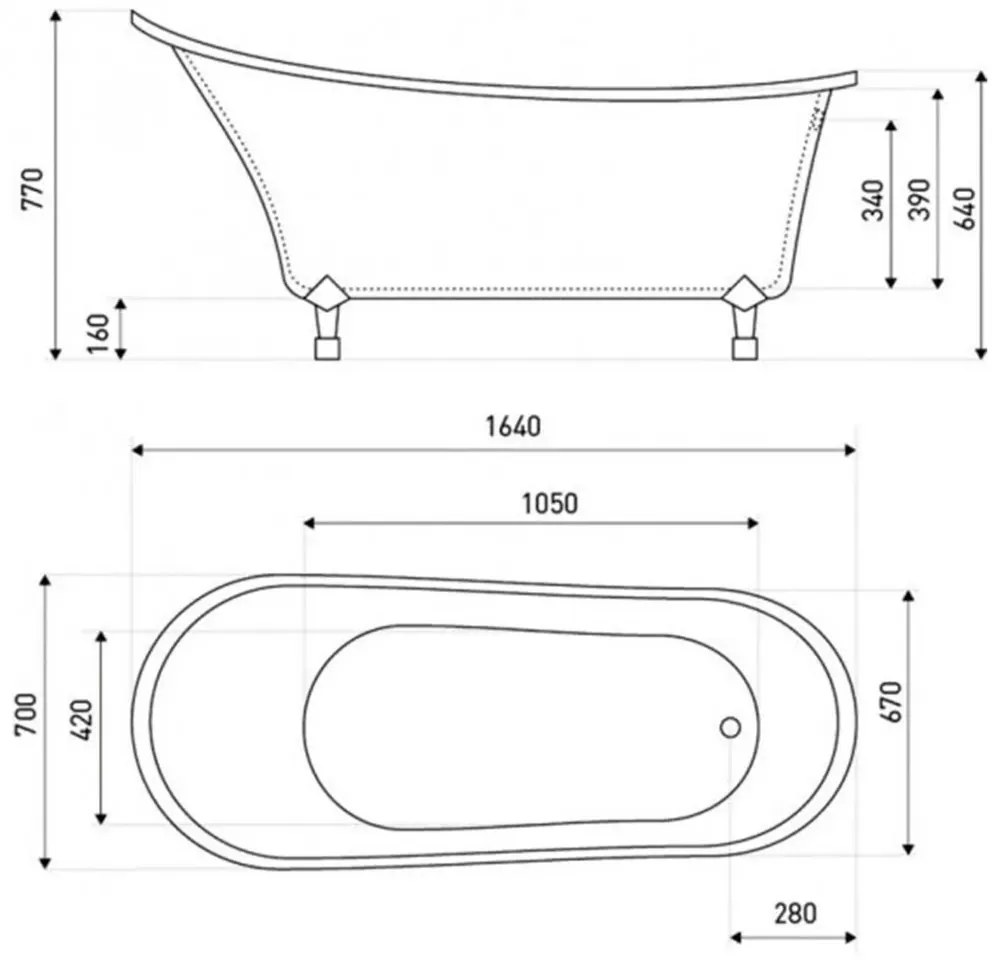 Antica szabadon álló kád fehér lábakkal és leeresztővel