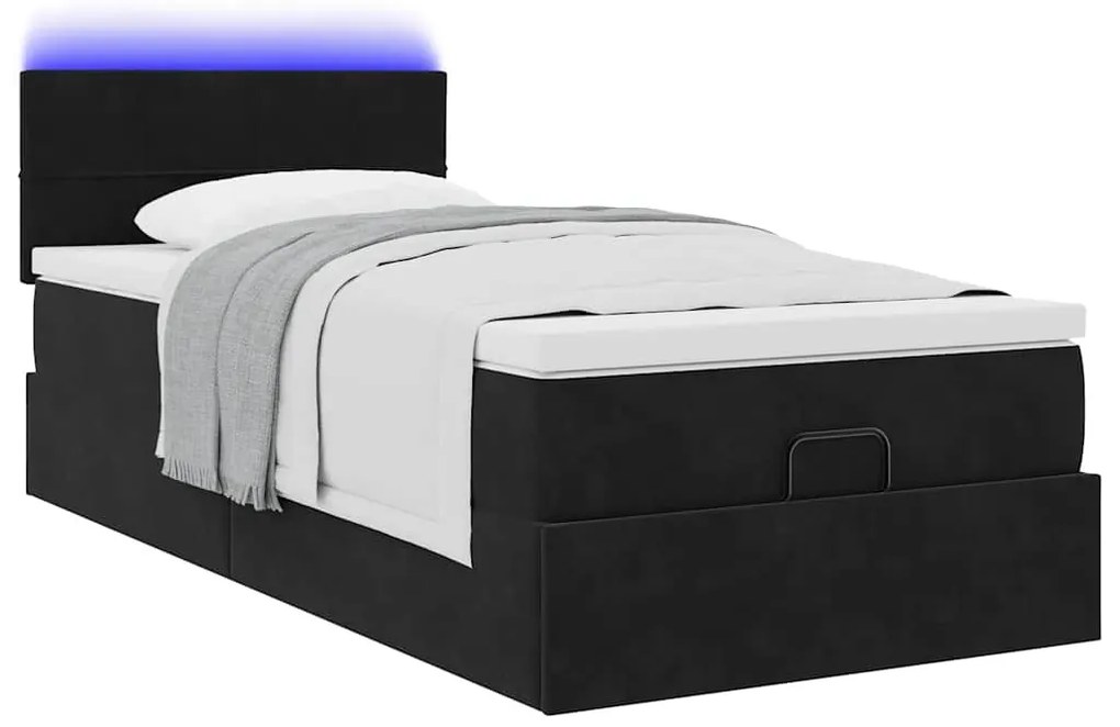 fekete bársony ottomán ágy matraccal &amp; LED-ek 80x200cm