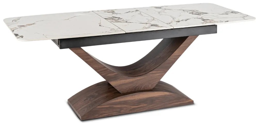 Bővíthető Márványhatású Kerámia Étkezőasztal Fehér/Dió Színben. ALICANTE 160-200 cm