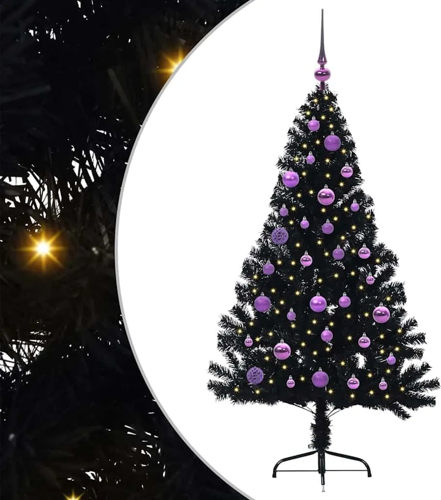 vidaXL Mesterséges, előre világított karácsonyi fa Fekete 150 cm PVC
