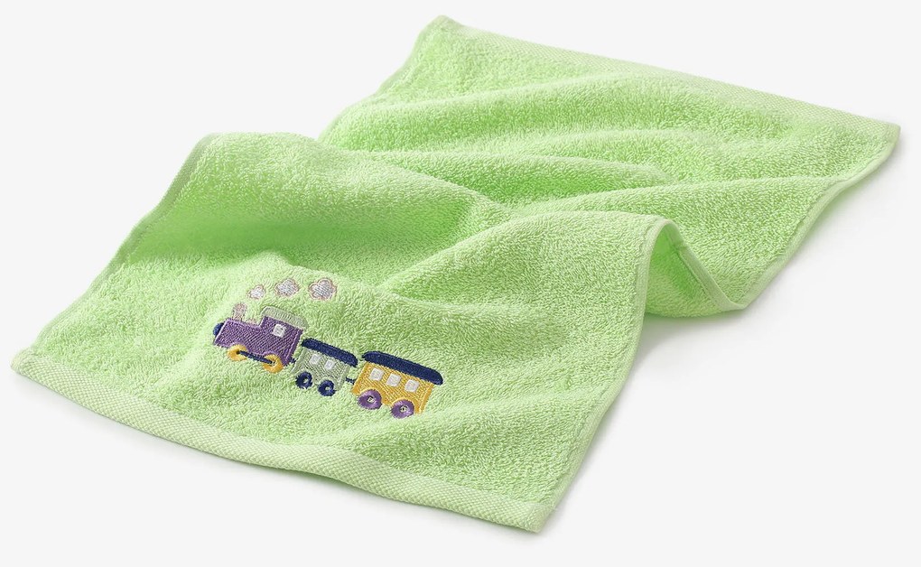 Goldea gyermek frottír törölköző - vonat a zöldön 30 x 50 cm