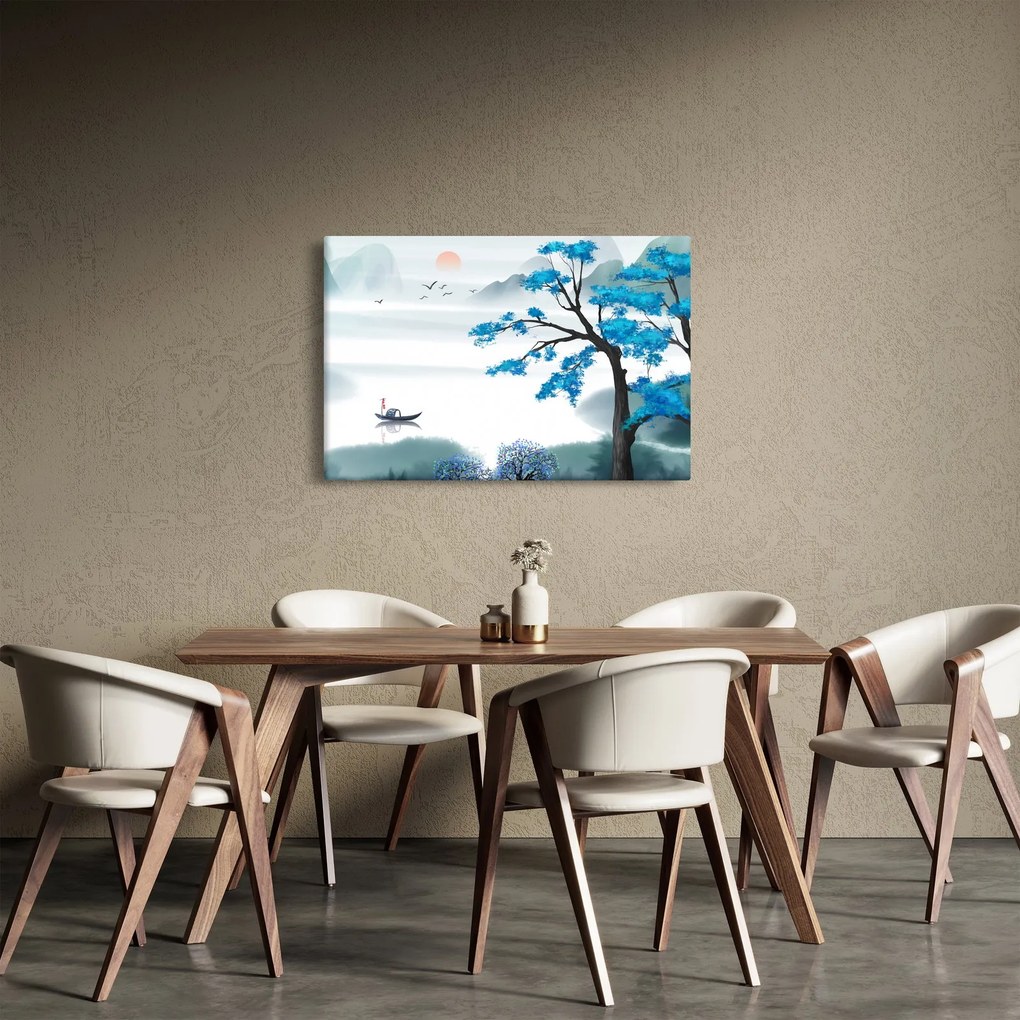 Kép - festett tó csónakkal (90x60 cm)