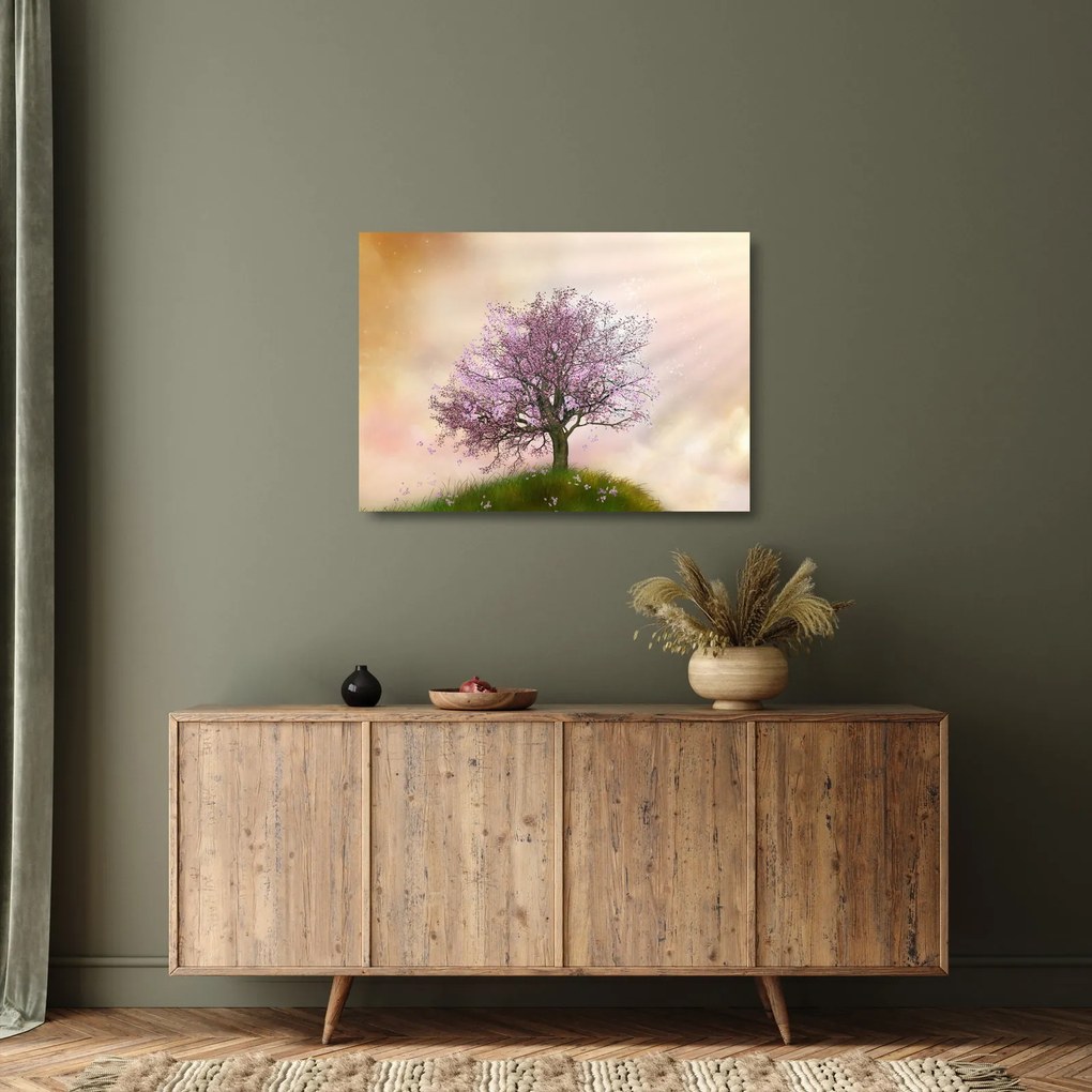 Virágzó fa képe egy domb tetején (üvegen) (70x50 cm)