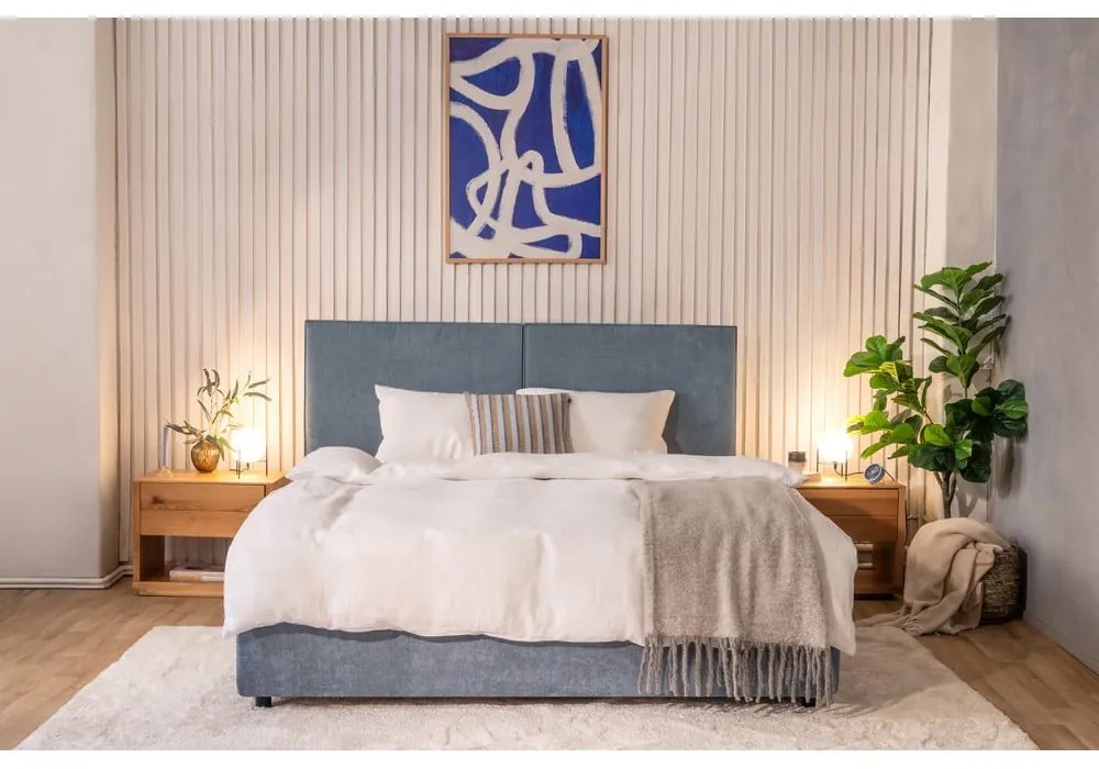 Kék kárpitozott ágyneműtartós franciaágy matraccal, ágyráccsal 160x200 cm Myra Bold – Bonami Selection