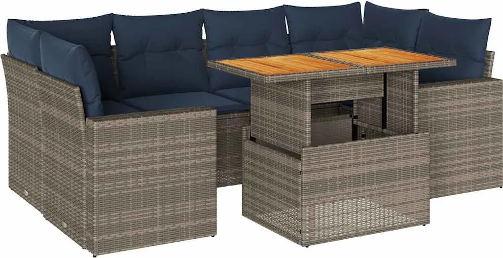 vidaXL 7 részes szürke polyrattan kerti ülőgarnitúra párnákkal