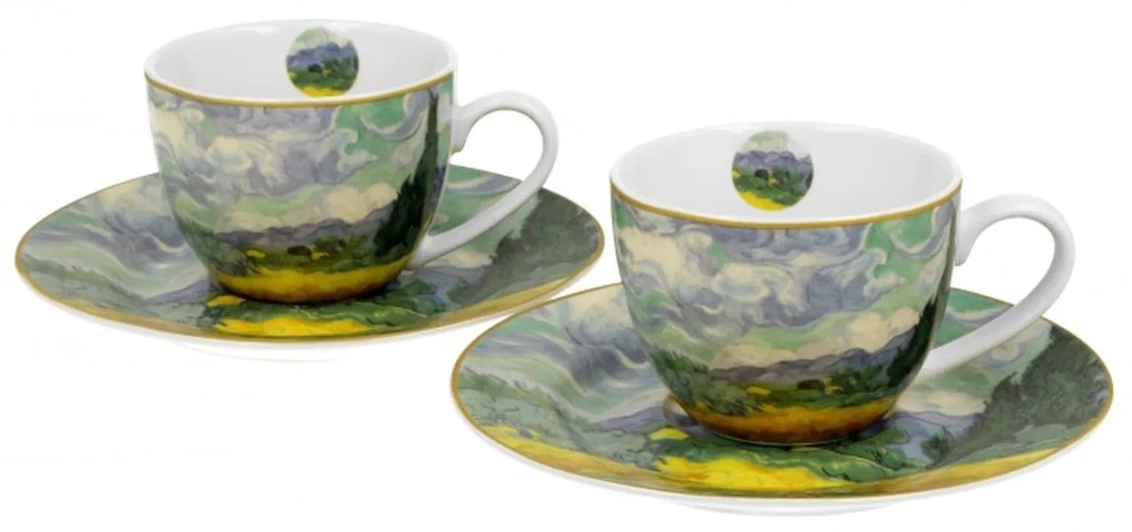 Porcelán eszpresszó kávés csésze aljjal 2 db szett Van Gogh Búzaföld ciprusokkal