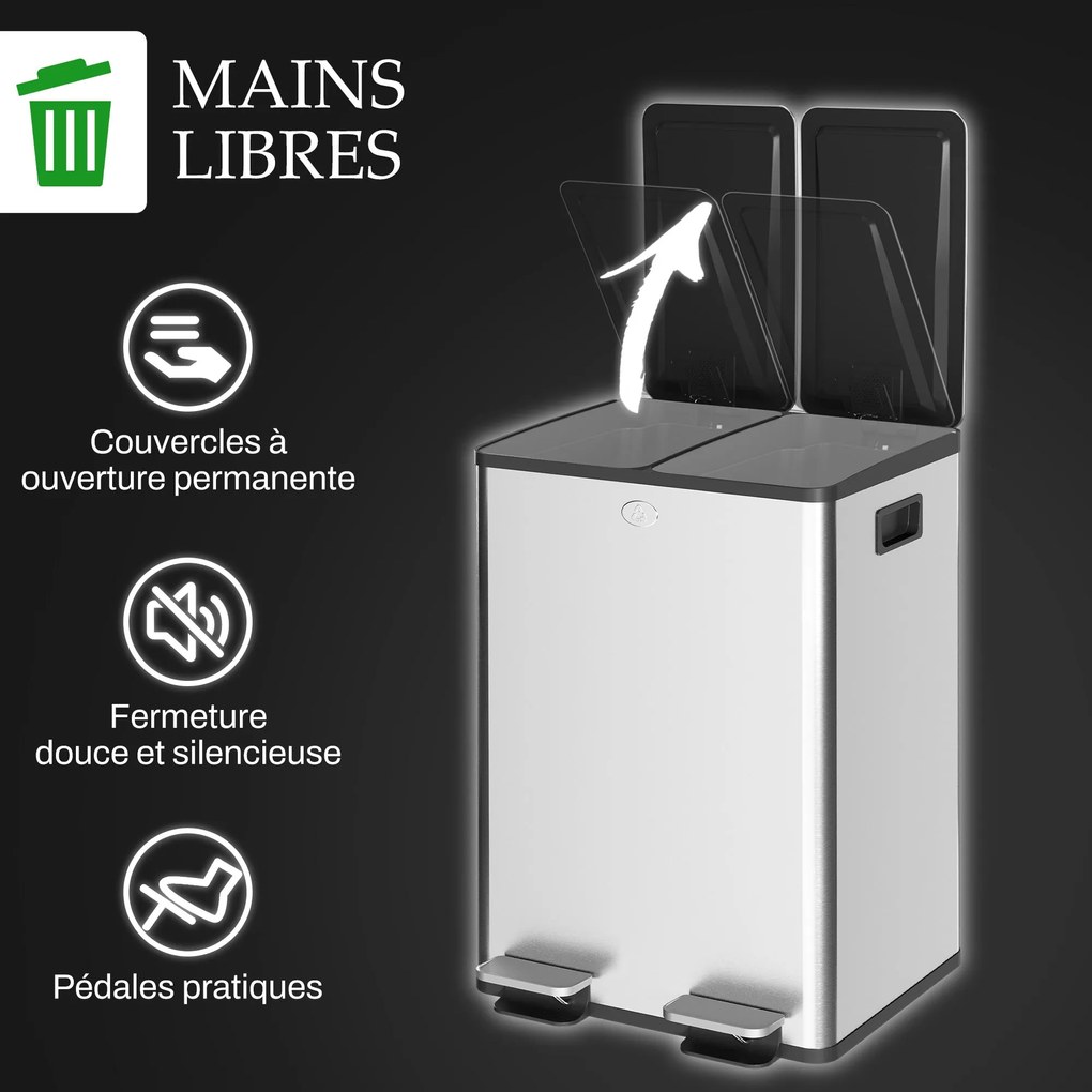 HOMCOM Dupla Konyhai Szemetes, 2 x 28L, Rozsdamentes Acél Pedálos Szemetes, 2 Lágyan Záródó Fedél, Kivehető Belső Vödrök, Ujjlenyomat-mentes Fogantyúk