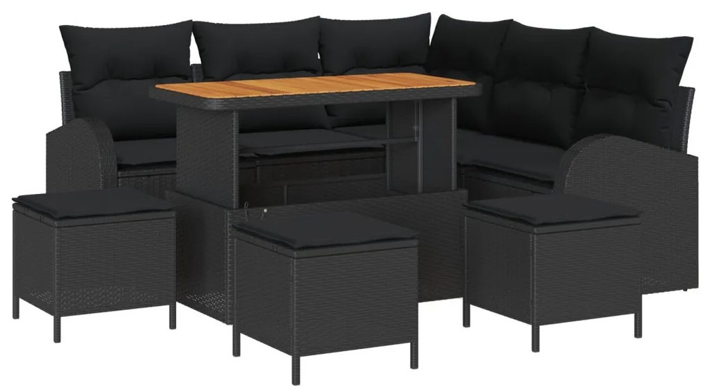 9 Rész Kerti Kanapé Szett Párnákkal Fekete Rattan Akáciával, 2-Fős Kerti Kanapé Párnákkal Fekete Rattan, 4 Rész Kerti Étkező Szett Párnákkal Fekete Rattan Akáciával