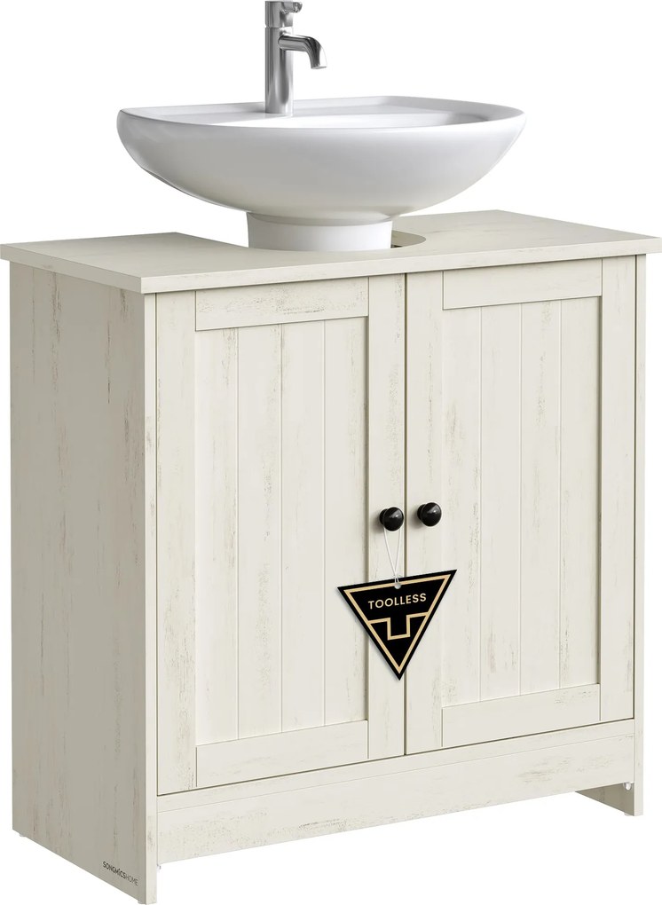 Rusztikus fehér mosdó alatti szekrény állítható polccal, szerszám nélkül