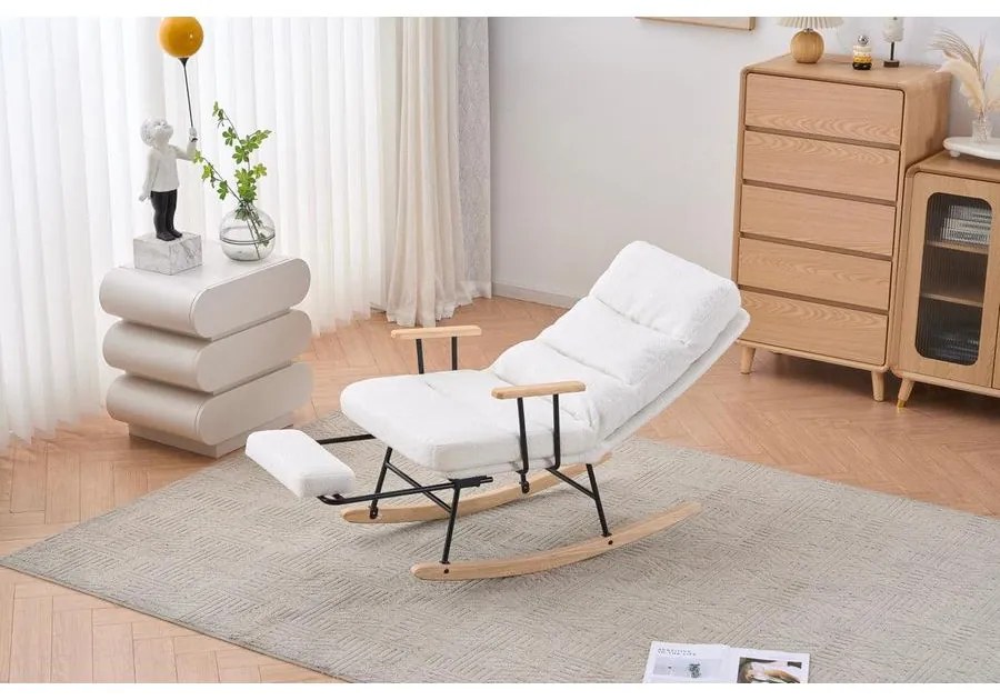 Hintaszék fa lábakkal, plüss szövettel, 4 fokozatban állítható háttámlával, fehér