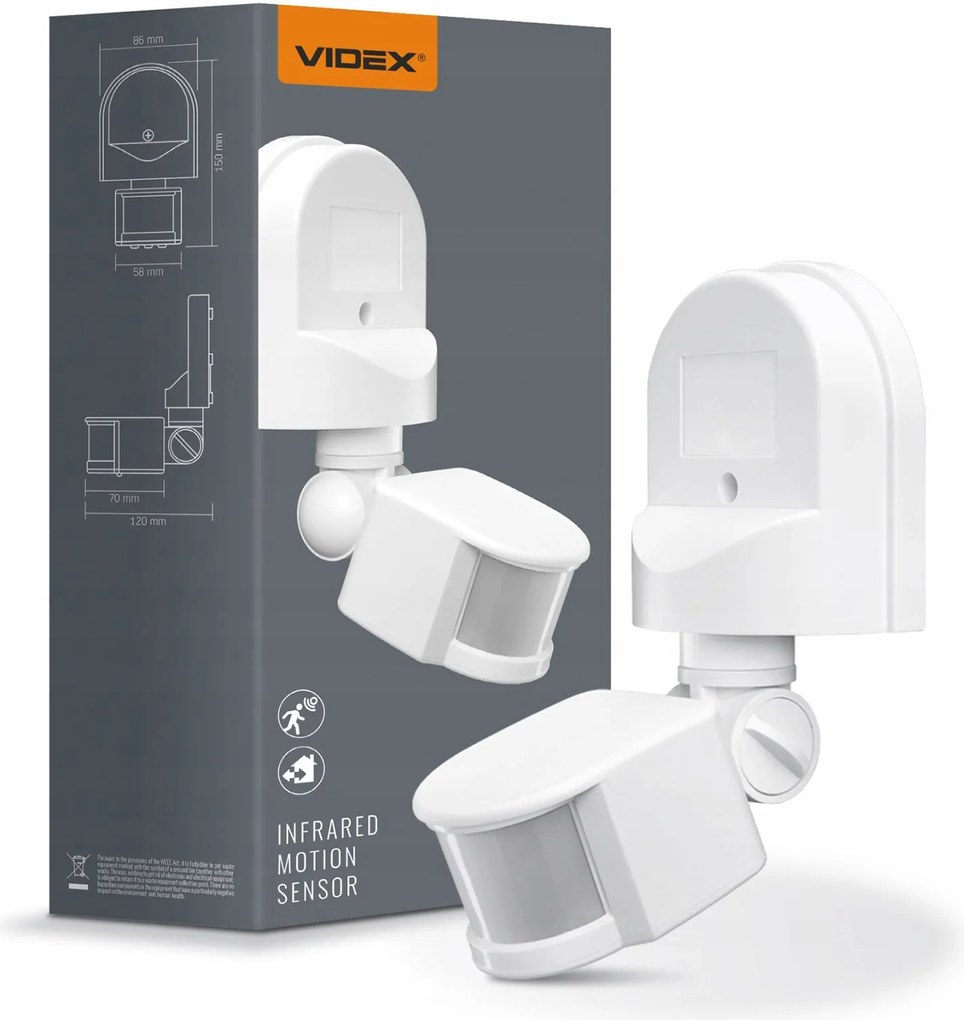 Infravörös fény mozgás- és alkonyérzékelő 1200W fehér IP44 Videx