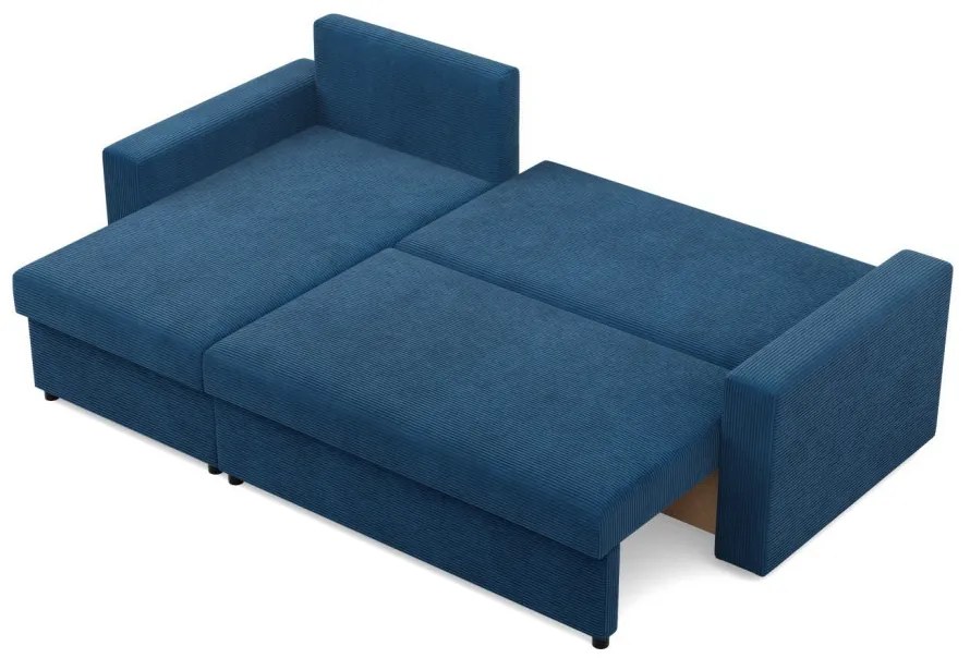 Zeus sarokkanapé, 2 ágyneműtartóval, egyenes kartámasz, kordbársony, univerzális oldal, bonell töltet, kék