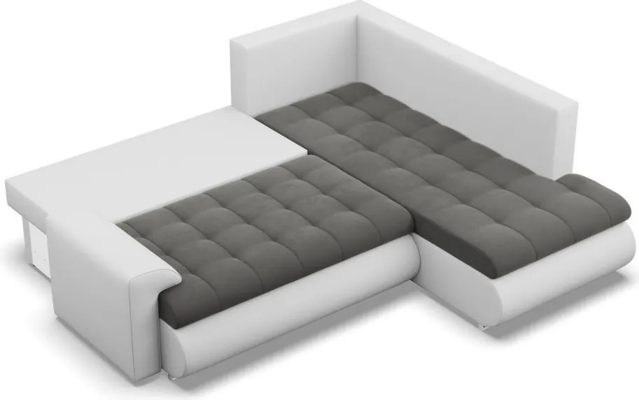 Tokio sarokkanapé, L alakú háttámlával, 2 ágyneműtartóval, bársony + műbőr, jobboldali, szürke - fehér