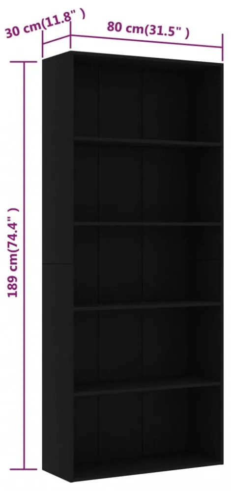 5 szintes fekete szerelt fa könyvszekrény 80 x 30 x 189 cm