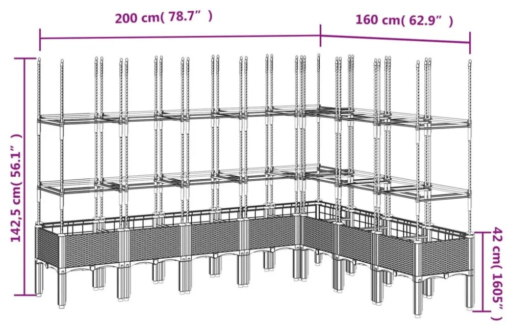 világosszürke PP rácsos kerti ültetőláda 200 x 160 x 142,5 cm