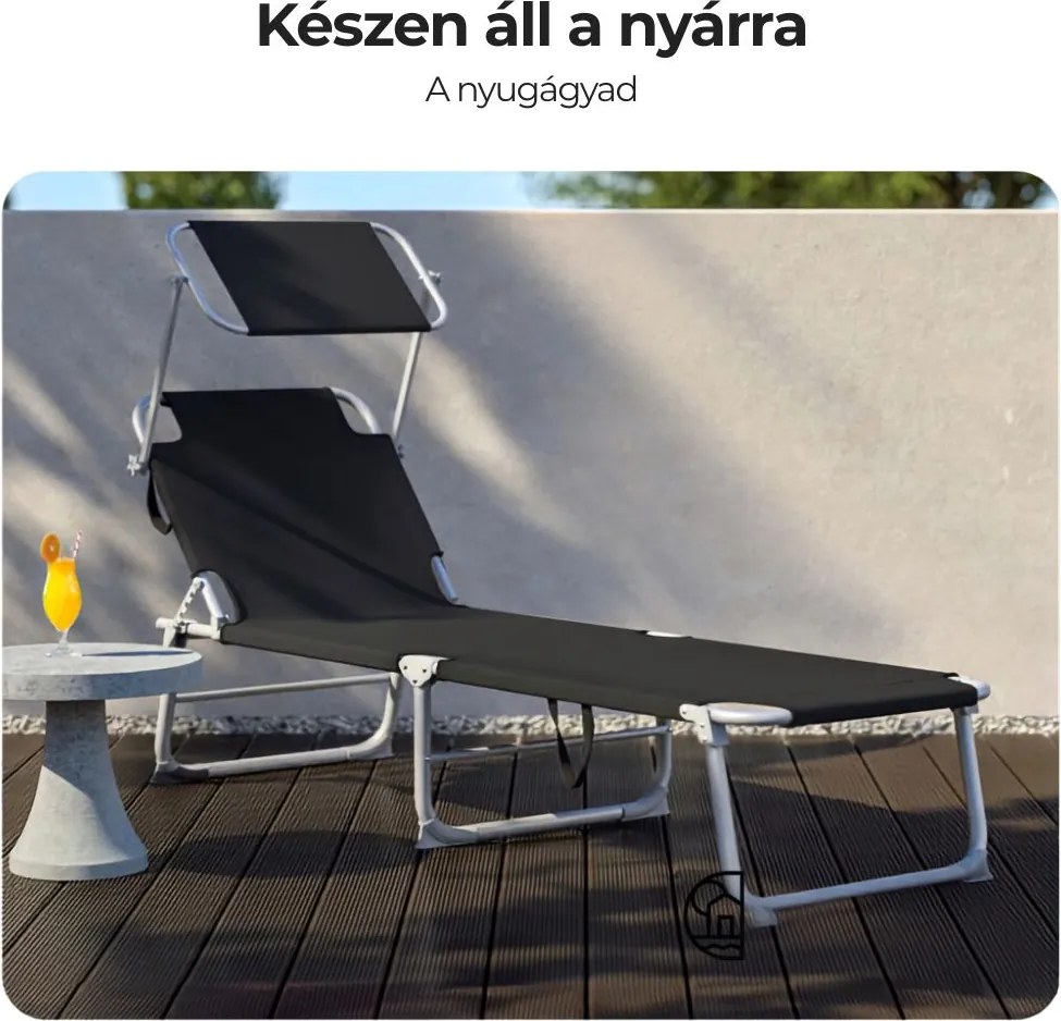 HAWAII kerti napozóágy állítható napellenzővel, 195x60x30cm, fekete Casaria