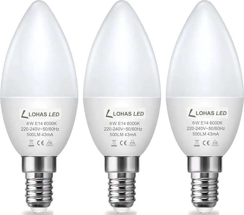 Lohas Led izzók Led C37 6W E14 6000K hideg fehér 500LM 3db