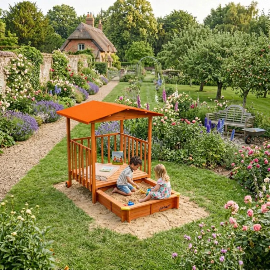 SUNNY verandás homokozó, 130x130x143cm, barna/narancssárga Jurhan