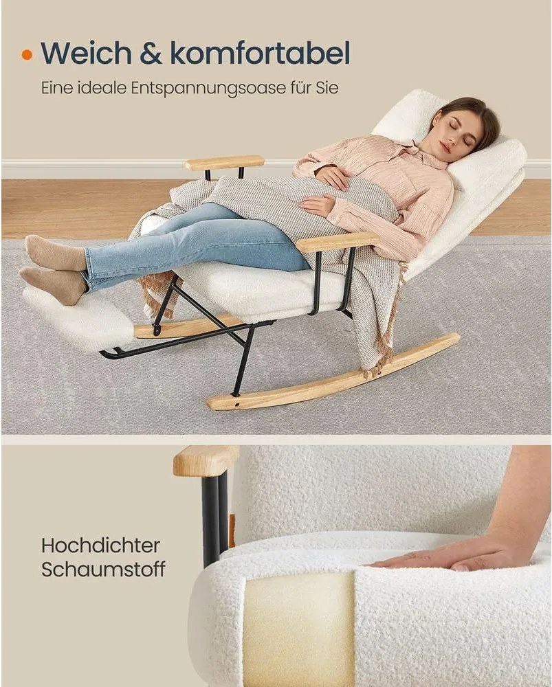 SONGMICS HOME Prémium Hintaszék, 4 Fokozatban Állítható Háttámlával és Kaucsukfa Lábakkal, Krémfehér