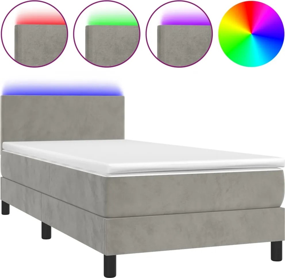 vidaXL világosszürke bársony rugós és LED-es ágy matraccal 90x190 cm
