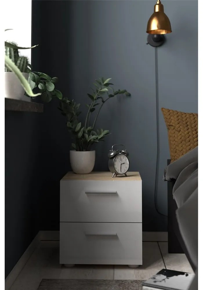 Fehér-természetes színű éjjeliszekrény tölgyfa dekorral Pepe - Tvilum