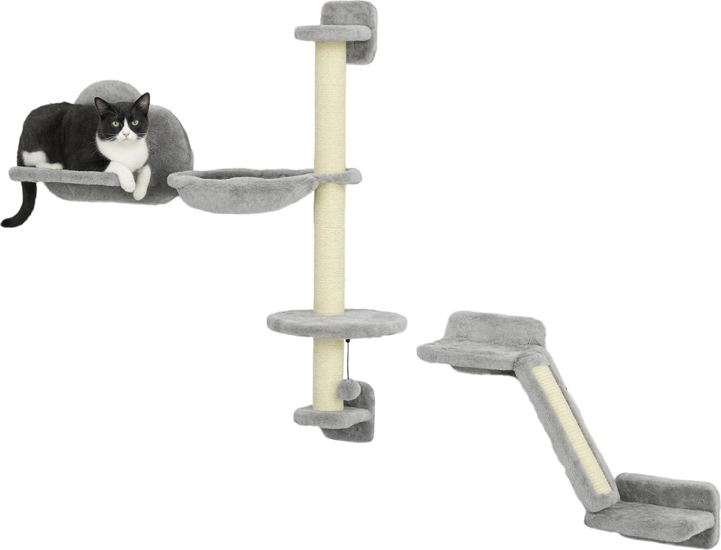 PawHut 3 részes fali macskamászó szett – függőággyal, kaparórámpával és ugróplatformmal, szürke | Aosom