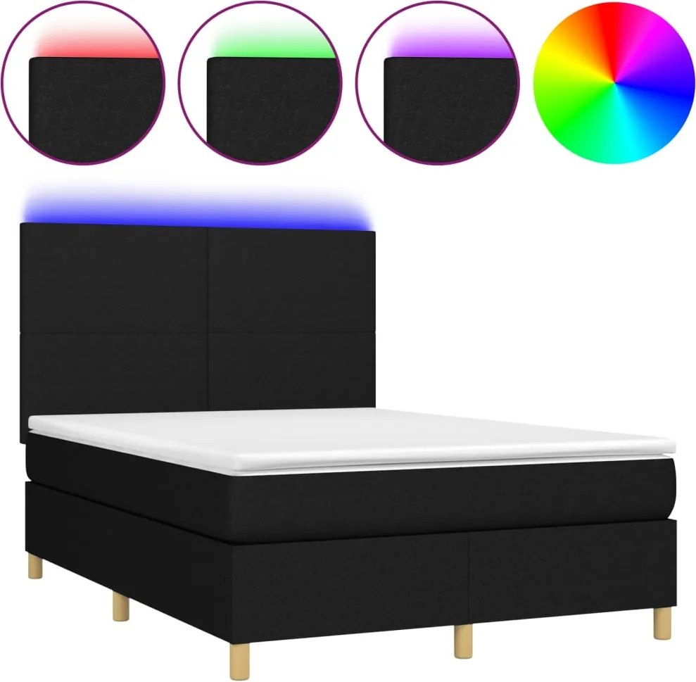 vidaXL fekete szövet rugós és LED-es ágy matraccal 140x200 cm