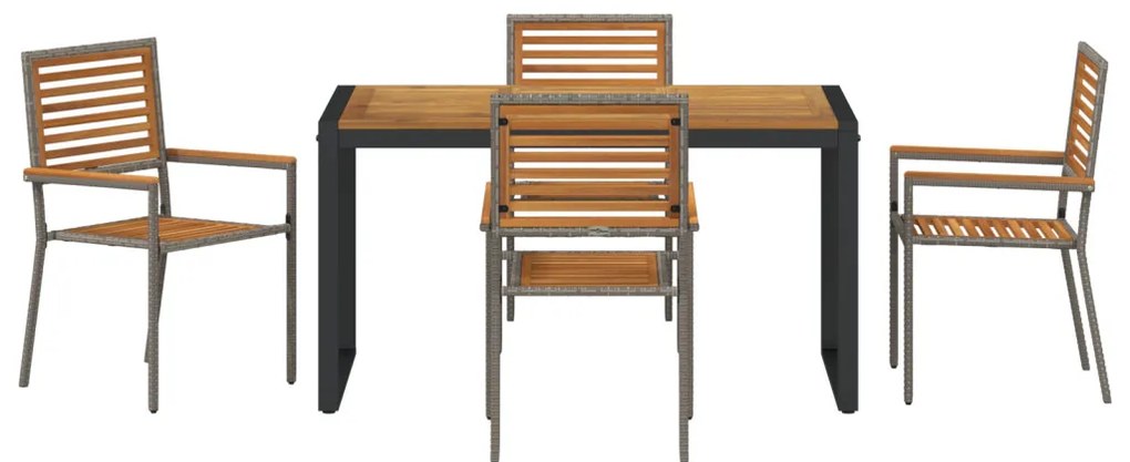 5 Darabos Kert Étkező Készlet Szürke Poly Rattan Akác, Rakható Kerti Székek Párnákkal 2 db Szürke Poly Rattan