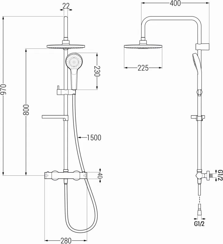 Mexen KX05 fali zuhanykészlet esőztető fejjel és termosztatikus csappal, arany/fehér - 771500591-50