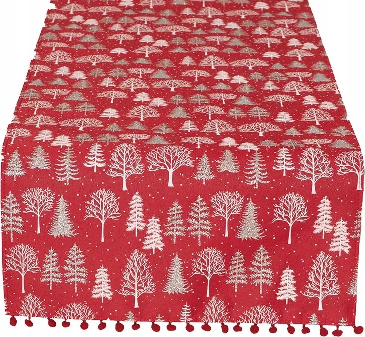 Karácsonyi futópad Téli Varázslat piros ezüst fák 50x100