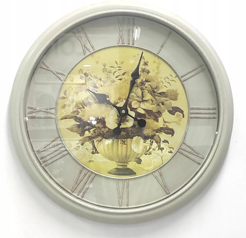 Szürke Ekrü Kerek Falióra Retro Loft 50 cm Masszív Virágok