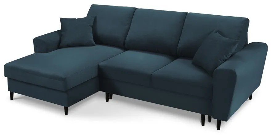 Sötétkék kordbársony kinyitható tárolóhelyes sarokkanapé (bal oldali-heverő résszel) Kyoto – Cosmopolitan Design