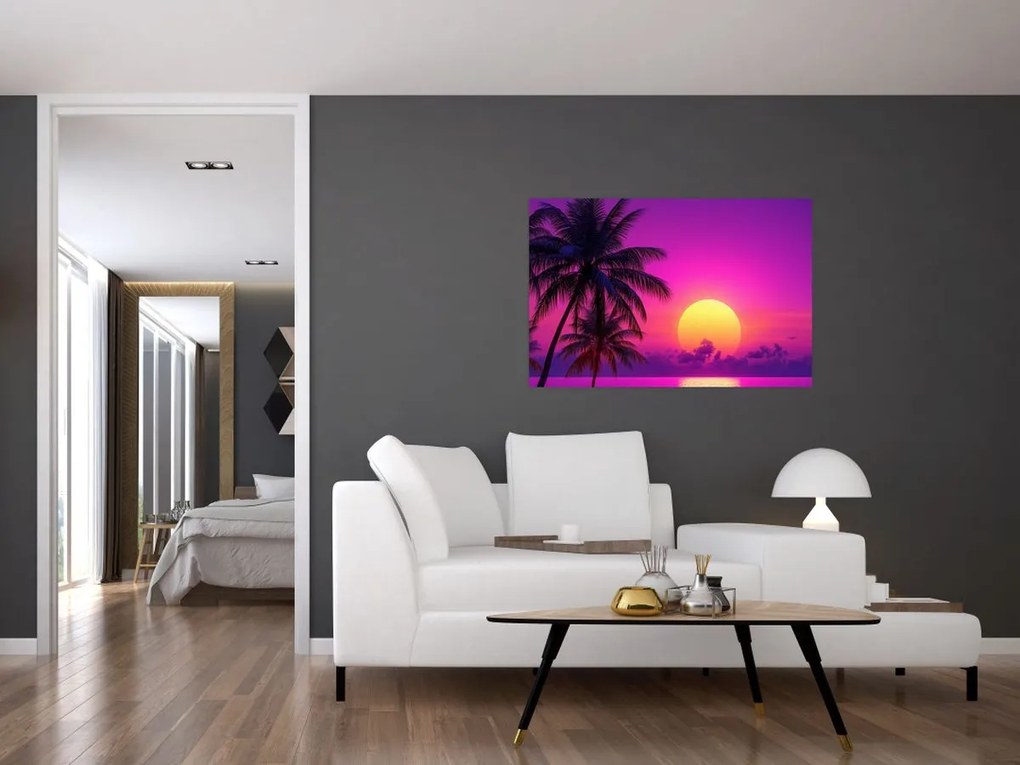 Kép - Lila naplemente pálmafával (90x60 cm)