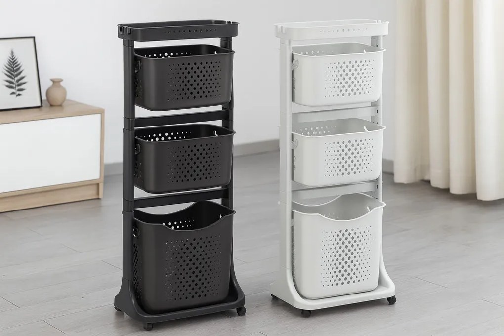 Műanyag gurulós állvány kosárral Fehér/Fekete