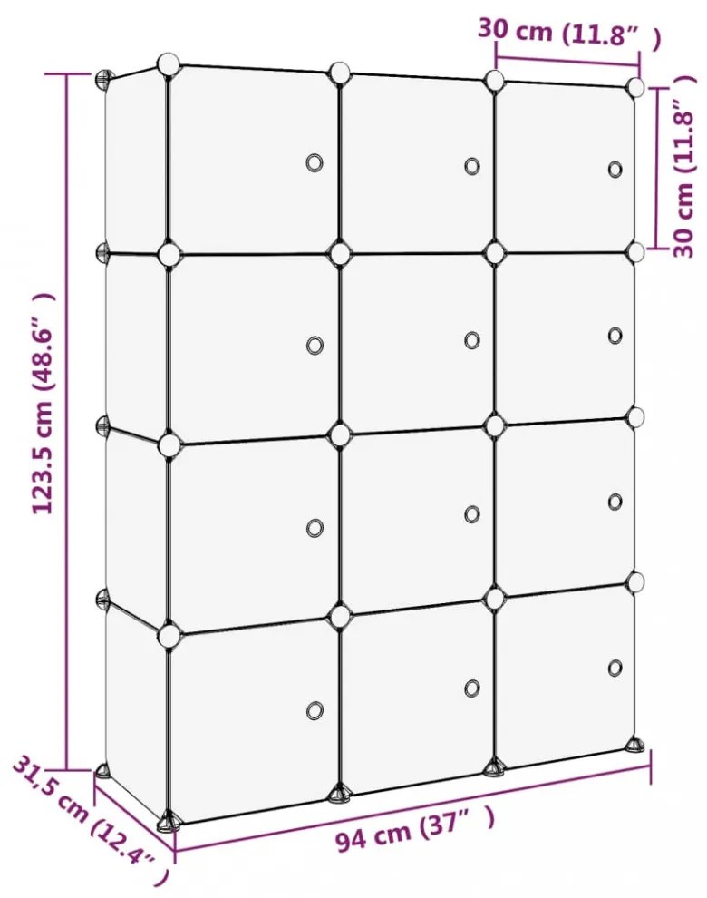 átlátszó PP tárolókocka-rendszerező 12 kockával és ajtókkal