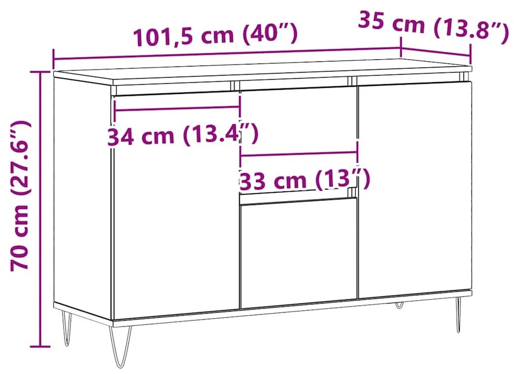 kézműves tölgy színű szerelt fa tálalószekrény 101,5 x 35 x 70 cm