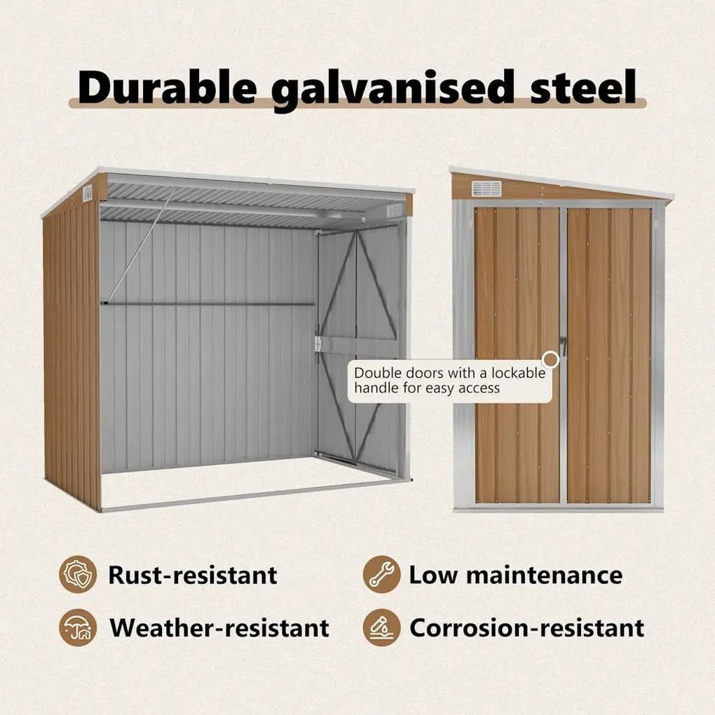 barna acél falhoz erősíthető kerti fészer 118 x 194 x 178 cm