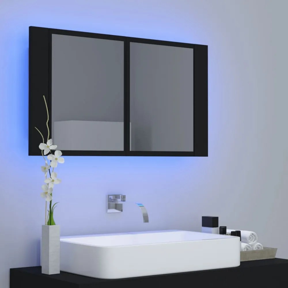 fekete akril LED-es tükrös fürdőszobaszekrény 80x12x45 cm