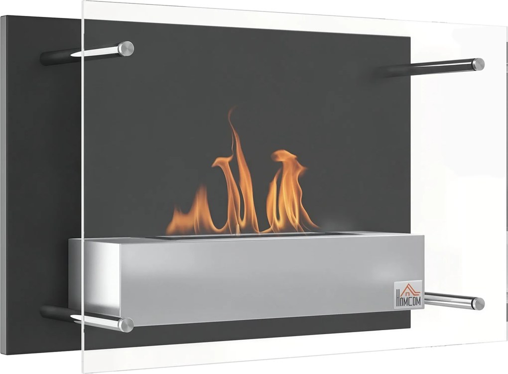 HOMCOM Fali Bioetanol Kandalló 1,5 L Kapacitású Bioetanol Tűzhely 3 Órás Égés Rozsdamentes Acél Tartály 20-25 m²-hez 60x22x40 cm Fekete | Aosom