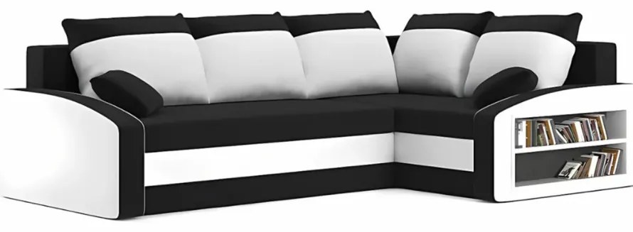 Grande sarokkanapé polcokkal , polc a jobb karfaban, jobboldali, szövet anyag, bonell töltet, fekete - fehér
