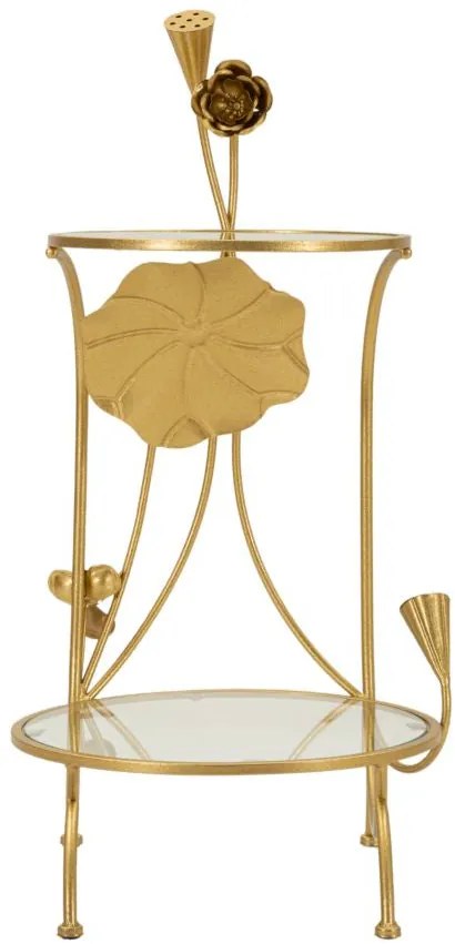 kétpolcos arany színű kisasztal virágdísszel és üveglappal – kortárs
