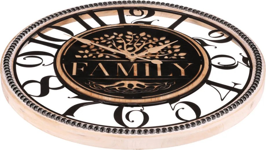 Falióra 60 cm átmérő fa és fém életfa mintával Family felirattal