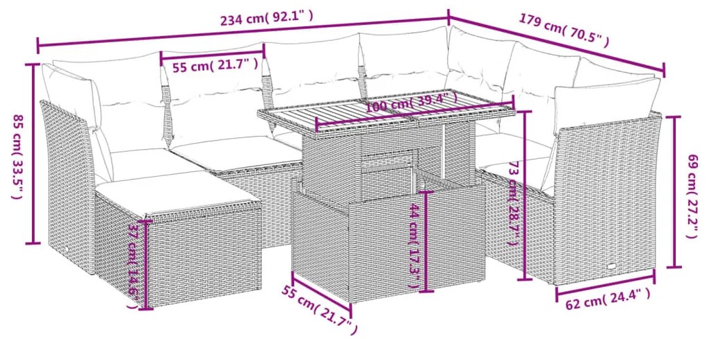 8 részes bézs polyrattan kerti ülőgarnitúra párnával