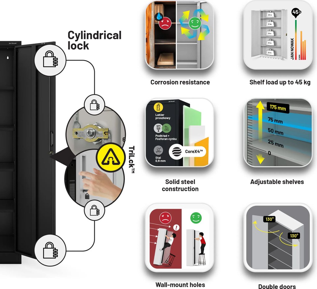 Fekete JAN Compact fémszekrény 1750 x 800 x 400 mm