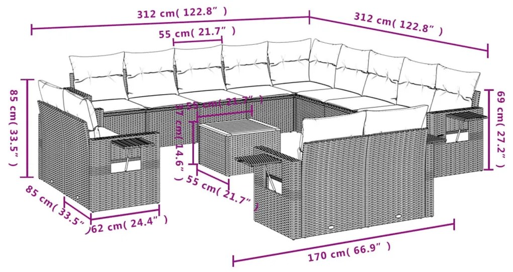 14 részes szürke polyrattan kerti ülőgarnitúra párnákkal