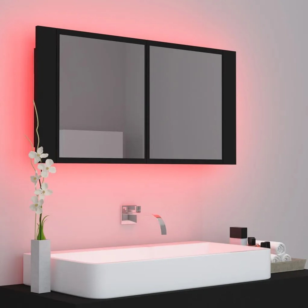 Fekete akril LED-es fürdőszobaszekrény tükörrel 90x12x45 cm