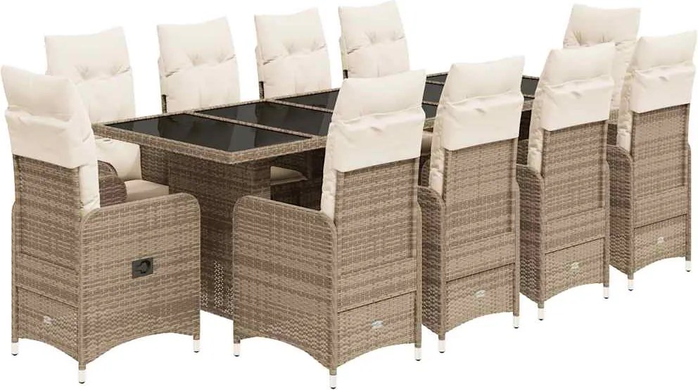 vidaXL 11 részes bézs polyrattan kerti bisztrógarnitúra párnákkal