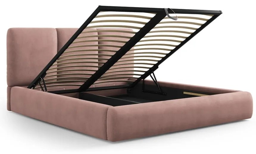 Világos rózsaszín kárpitozott ágyneműtartós franciaágy ágyráccsal 140x200 cm Brody – Mazzini Beds